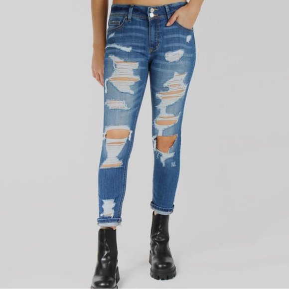 DESIGNER INDIGO REIN ANKLET SKINNY DISTRESSED JEANS  9/30x31 😎 - Picture 1 of 11